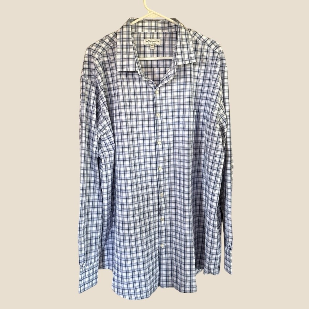 Peter Millar Summer Comfort Mens XXL Blue Plaid Button Down Golf Shirt
